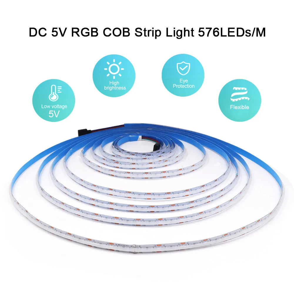 WiFi Bluetooth RGB COB LED Strip Light – 576 LEDs, 24/44 Key Remote, Flexible Tape Kit