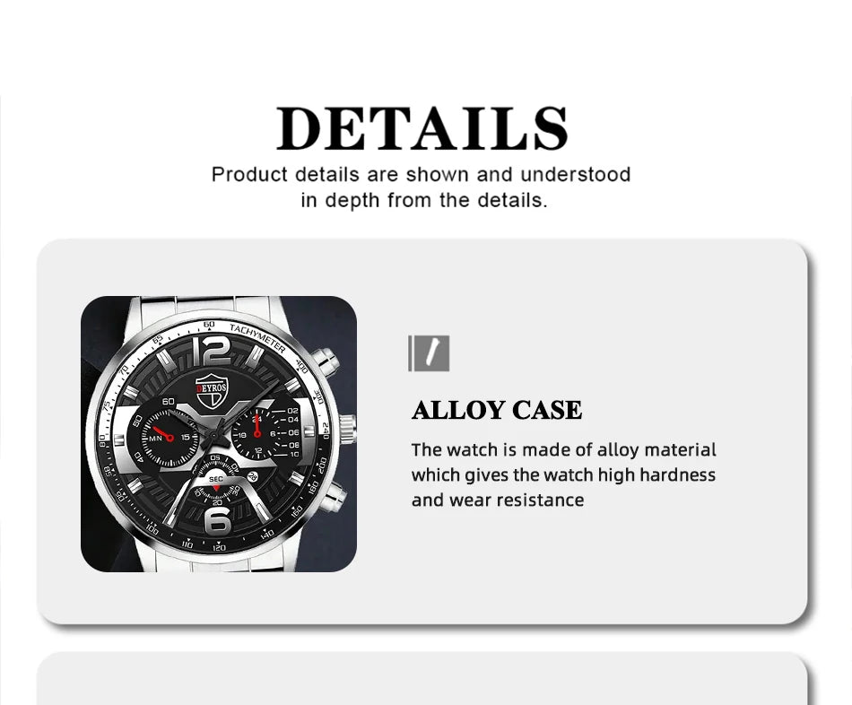DEYROS men's watch and jewelry gift set featuring a quartz calendar watch, necklace, and bracelet with stylish accessories.