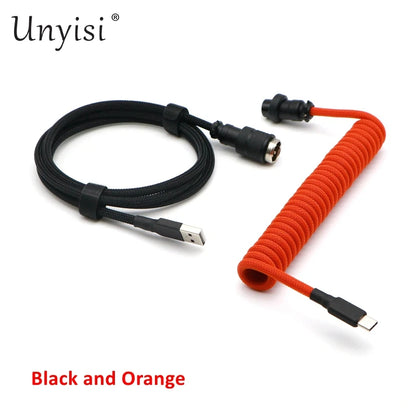 Handmade paracord and PET coiled USB-A to USB-C cable with GX16 aviator connector for mechanical keyboards, featuring vibrant color details.