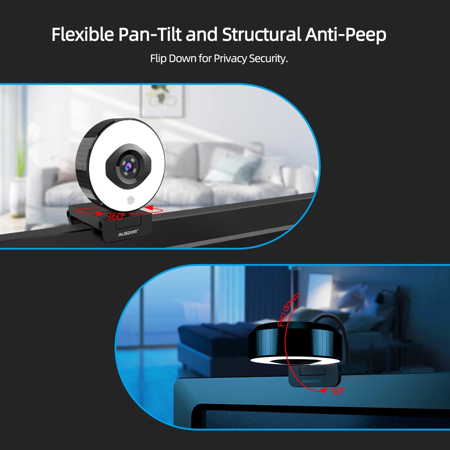 AUSDOM AF668 FHD 1080P 60FPS Webcam – Autofocus, Ring Light, Free Tripod