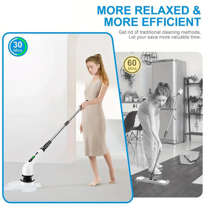 Cordless electric spin scrubber by R.E.D. Shopping with multiple brush heads and LED light for versatile cleaning in home and garden.