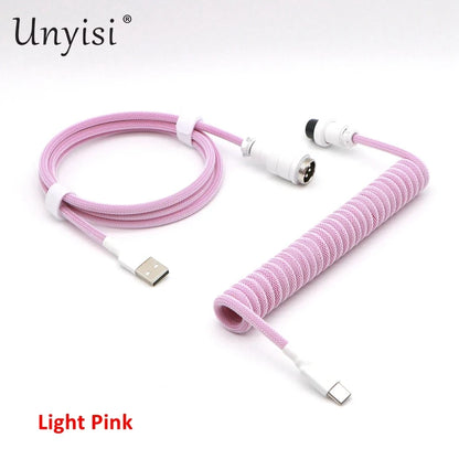 Handmade paracord and PET coiled USB-A to USB-C cable with GX16 aviator connector, compatible with mechanical keyboards.