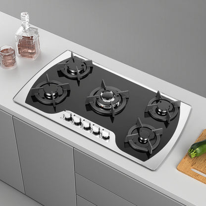 5-Burner Gas Cooktop | Al-Alloy | Tempered Glass | Built-in | Domestic & Commercial