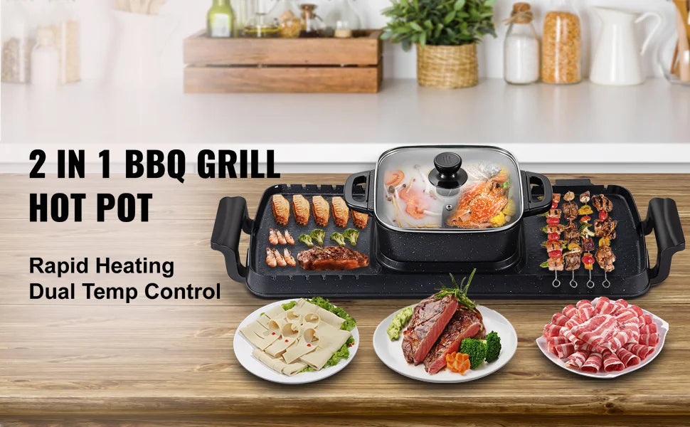 SucceBuy 2-in-1 Electric BBQ Grill & Hot Pot – Smokeless, Non-Stick, Detachable | Home Portable Barbecue