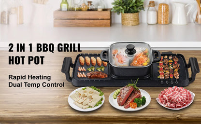 SucceBuy 2-in-1 Electric BBQ Grill & Hot Pot – Smokeless, Non-Stick, Detachable | Home Portable Barbecue
