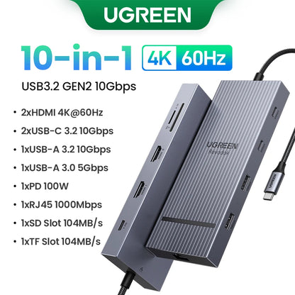 UGREEN USB-C Hub – 4K120Hz DP, 2x HDMI, SD/TF, RJ45, USB3.2 Gen2 10Gbps Docking Station for Laptop