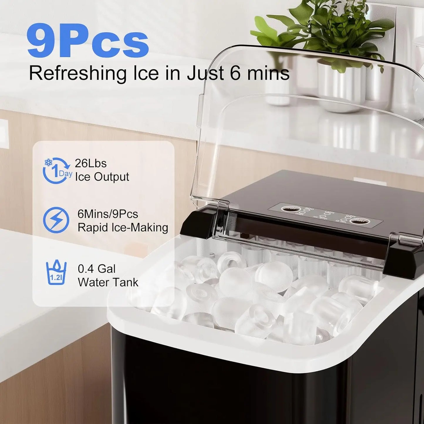Portable Ice Maker Machine – 9 Cubes in 6 Minutes, 26 lbs/Day, Auto-Clean, Basket & Scoop Included | Home, RV & Camping