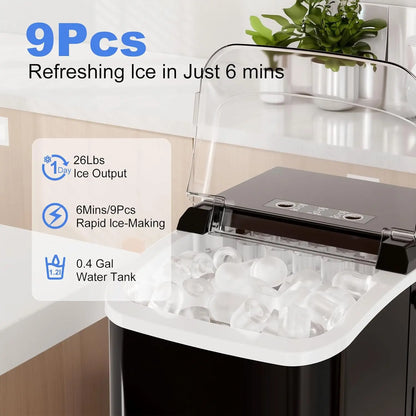 Portable Ice Maker Machine – 9 Cubes in 6 Minutes, 26 lbs/Day, Auto-Clean, Basket & Scoop Included | Home, RV & Camping