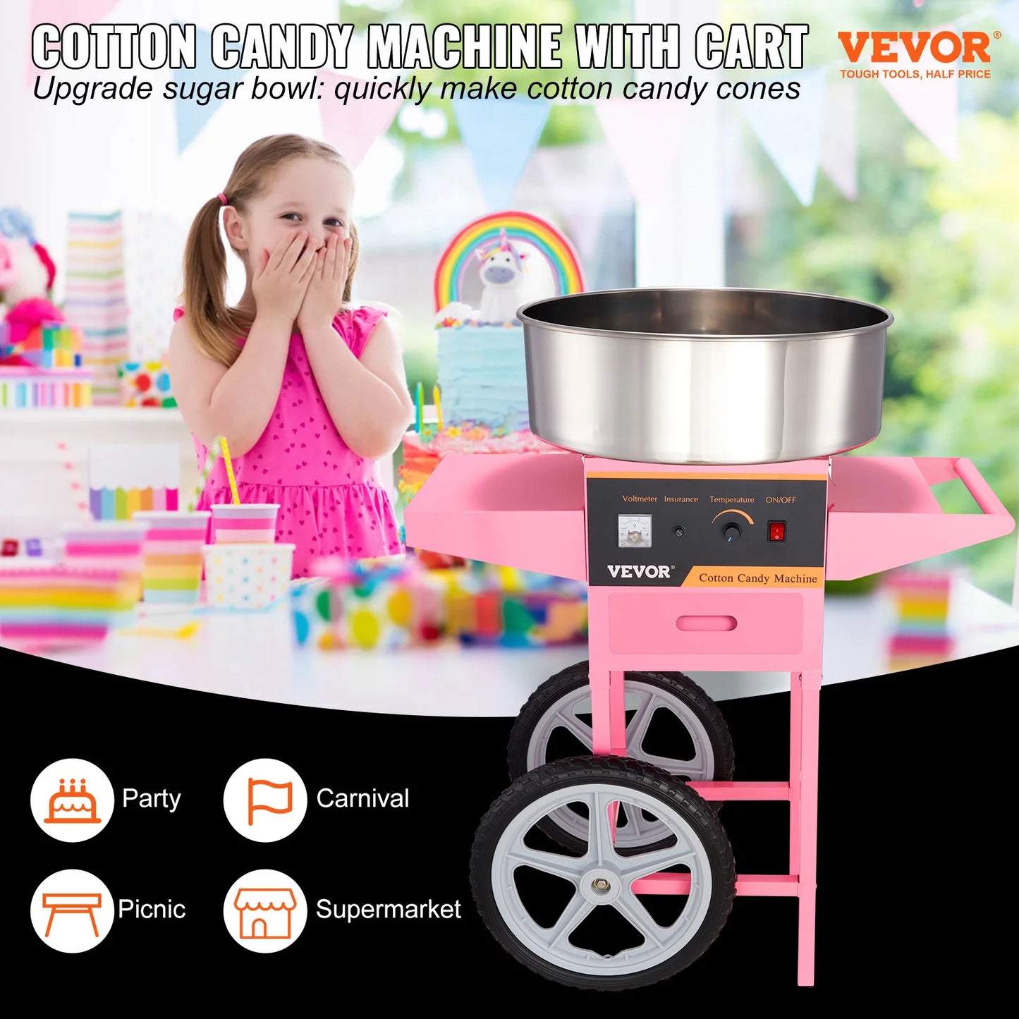 SucceBuy Electric Cotton Candy Machine with Cart | 1000W Commercial Floss Maker | Stainless Steel