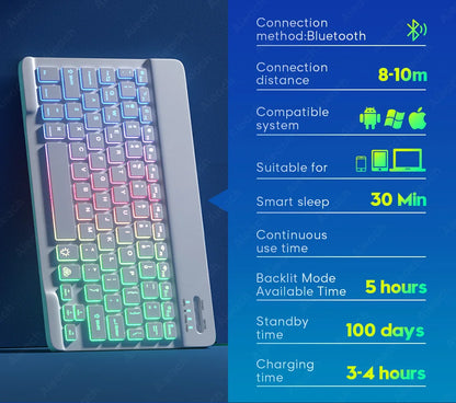 Wireless Bluetooth Keyboard with Rainbow Backlit – Tablet, iPad, Phone, Android, iOS, Windows