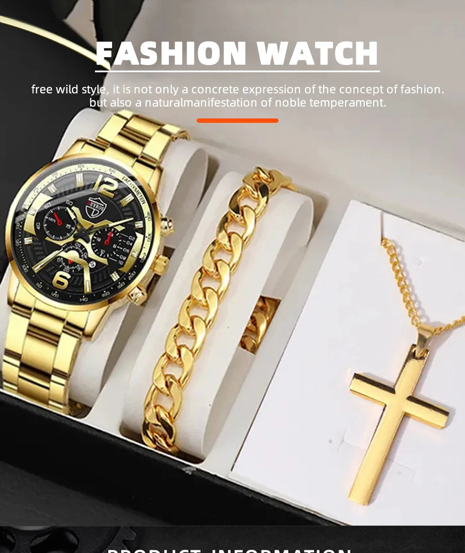 DEYROS 5-piece men's watch and jewelry gift set featuring a quartz calendar watch, necklace, and bracelet by R.E.D. Shopping.