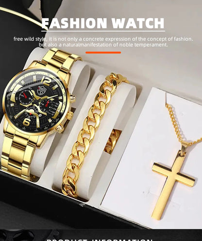 DEYROS 5-piece men's watch and jewelry gift set featuring a quartz calendar watch, necklace, and bracelet by R.E.D. Shopping.