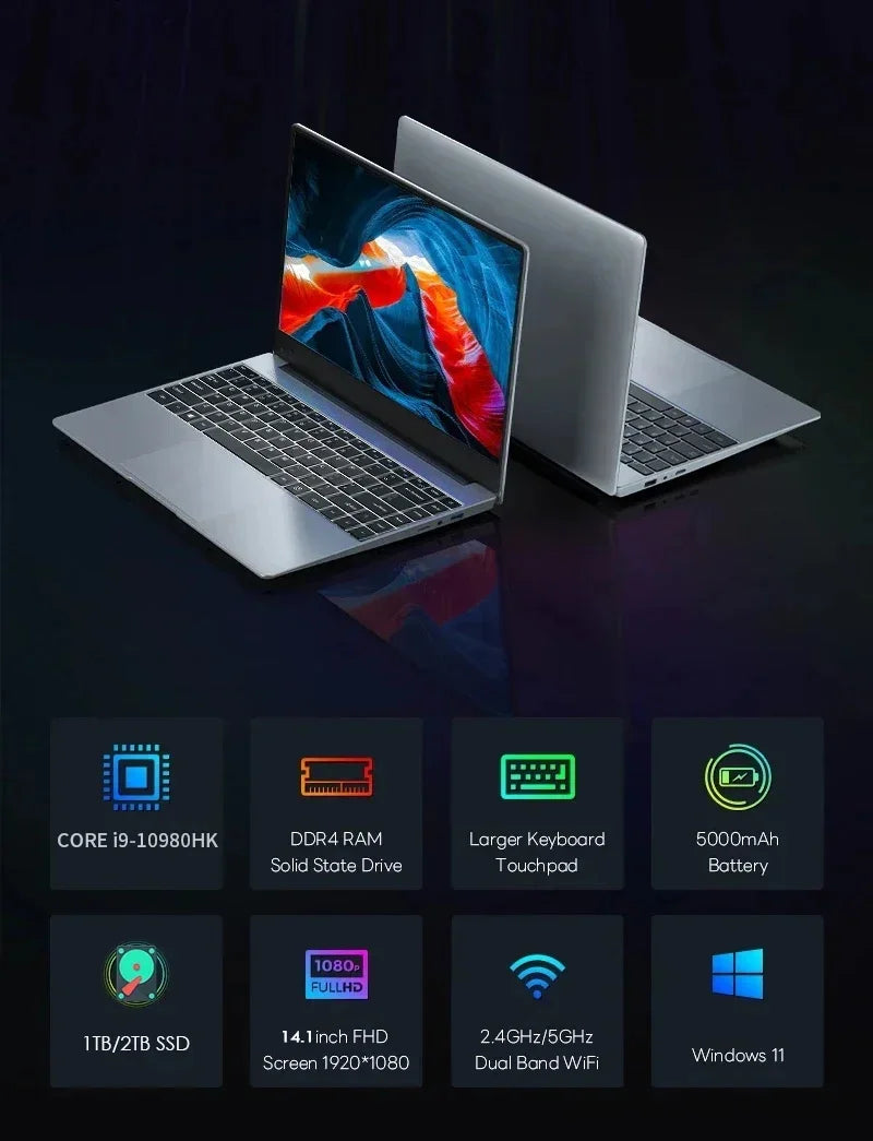 ACEKAMAS 14.1" Laptop – Intel Core i9-10980HK, 16GB DDR4, 256GB–2TB SSD, Wi-Fi 6, Windows 11 Pro