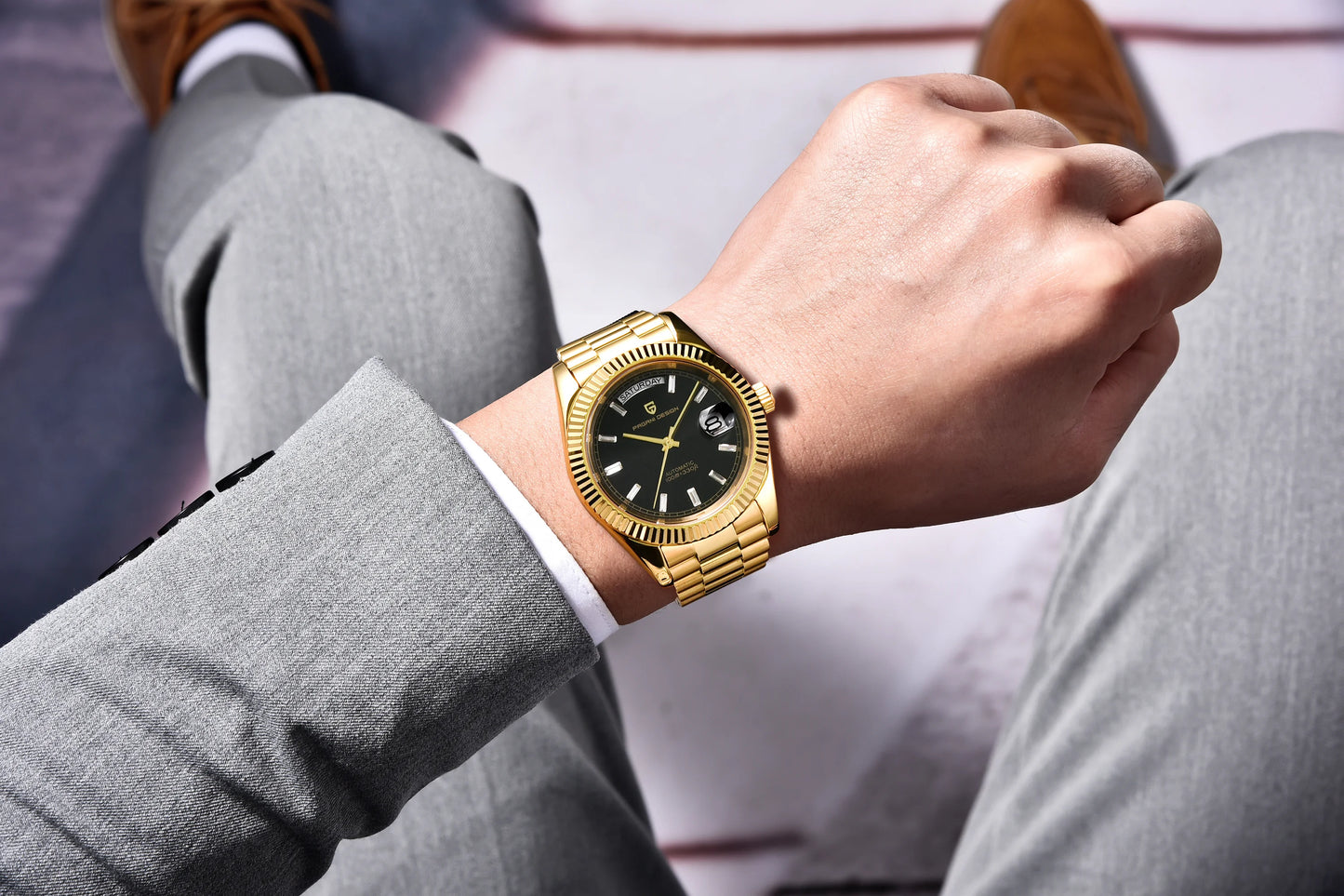 PAGANI DESIGN Men's Automatic Watch – 40mm, NH36A, AR Sapphire Glass, Date & Week, Gold Green
