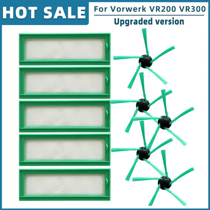 Replacement spare parts for Vorwerk Kobold VR200 and VR300 robot vacuum cleaner, including brushes and filters.