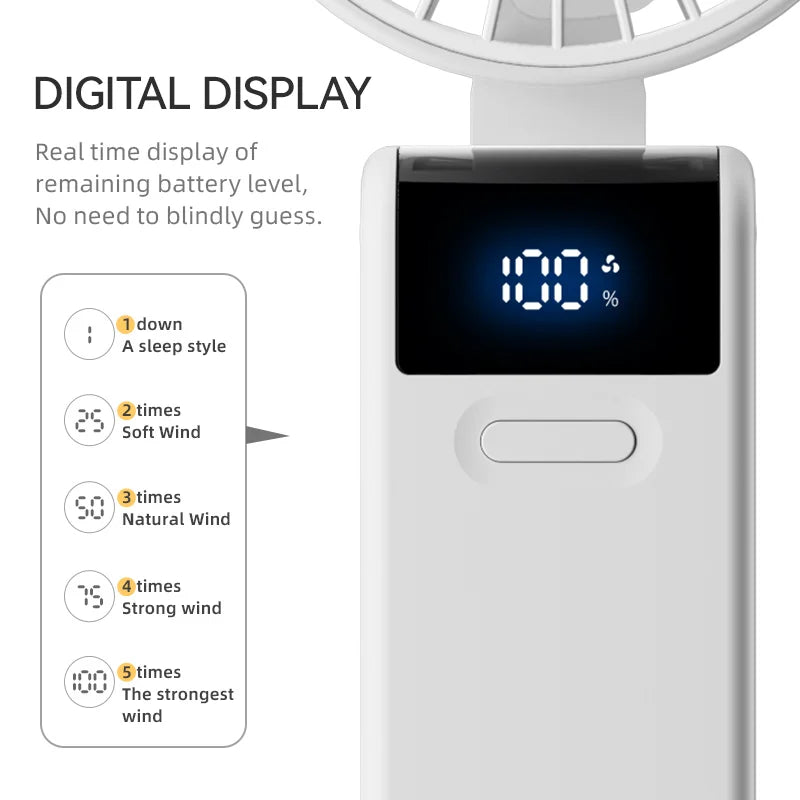 WO.Poblwc Handheld Mini Fan – 1800mAh Foldable, 5-Speed USB Rechargeable, Neck Hanging, Phone Stand, for Home & Outdoor