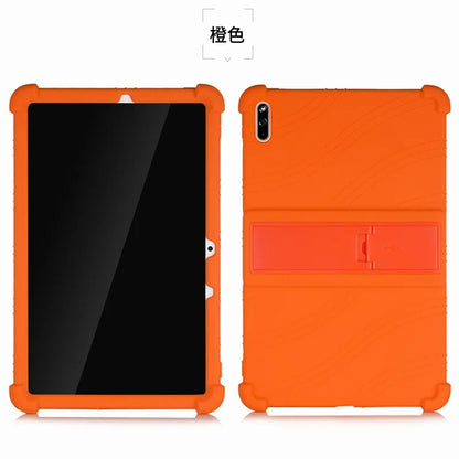 Shockproof silicone case for Huawei MatePad 10.4-inch tablet with stand, designed for protection and easy handling.