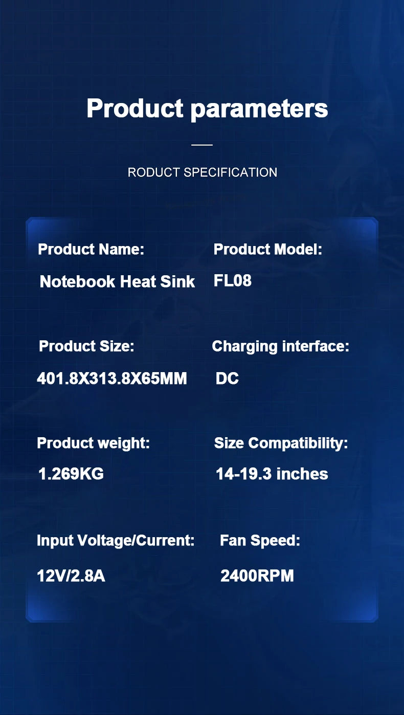 FL08 Laptop Cooling Pad – Powerful Adjustable Fan, Strong Airflow, Gaming Cooling Stand | AU/EU/UK/US Plug