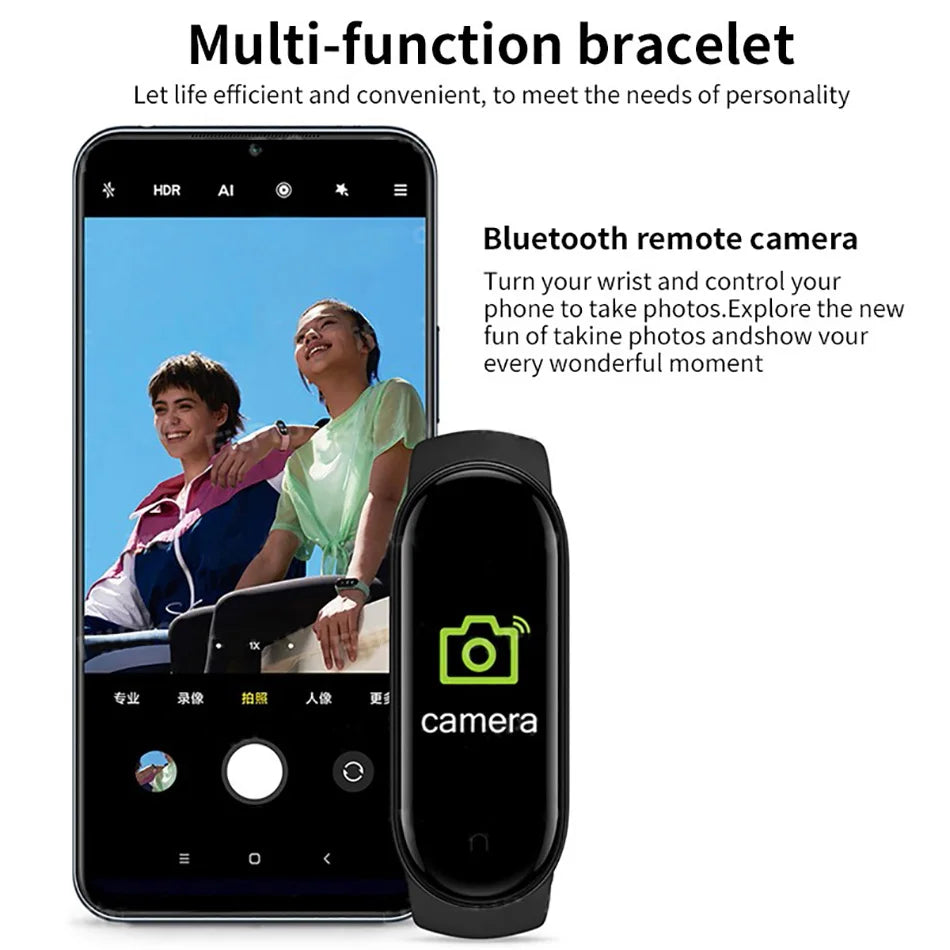 R.E.D. Shopping M6 Smart Fitness Bracelet with heart rate monitor, sleep tracking, and IP67 waterproof design on a display screen