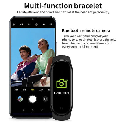 R.E.D. Shopping M6 Smart Fitness Bracelet with heart rate monitor, sleep tracking, and IP67 waterproof design on a display screen