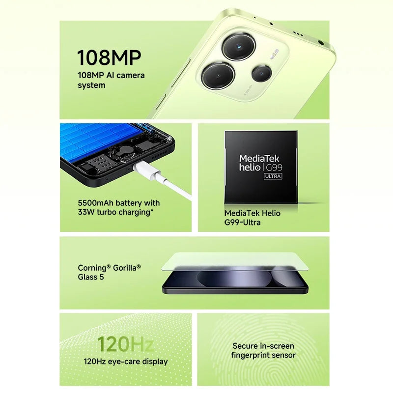 Xiaomi Redmi Note 14 smartphone with MediaTek Helio G99, 120Hz display, and 108MP camera shown in the image.