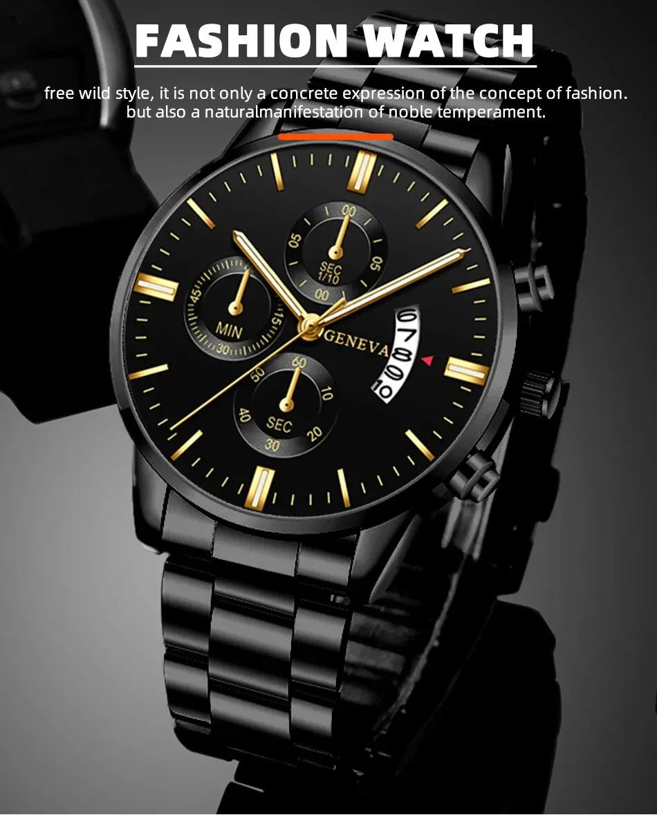 Men’s luxury stainless steel quartz wristwatch with calendar display from R.E.D. Shopping, stylish business accessory.