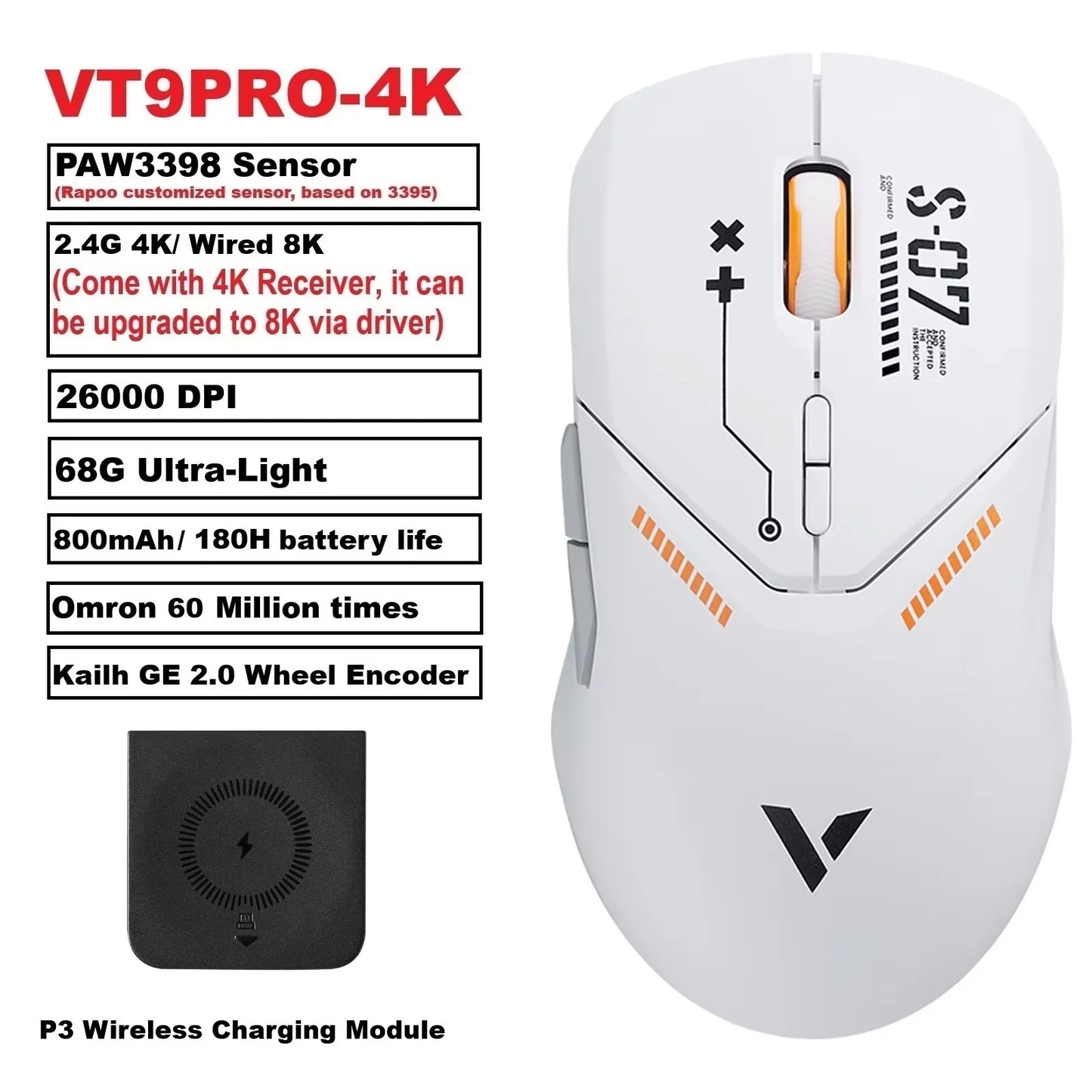Rapoo VT9PRO Wireless Gaming Mouse – PAW3398, 68g, 26000DPI, Type-C, Programmable, Ergonomic