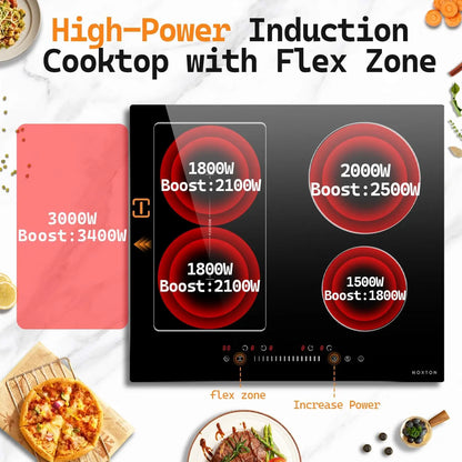 NOXTON 24" Induction Hob | 4 Burners + Flex Zone | 7200W | Power Boost | 230V
