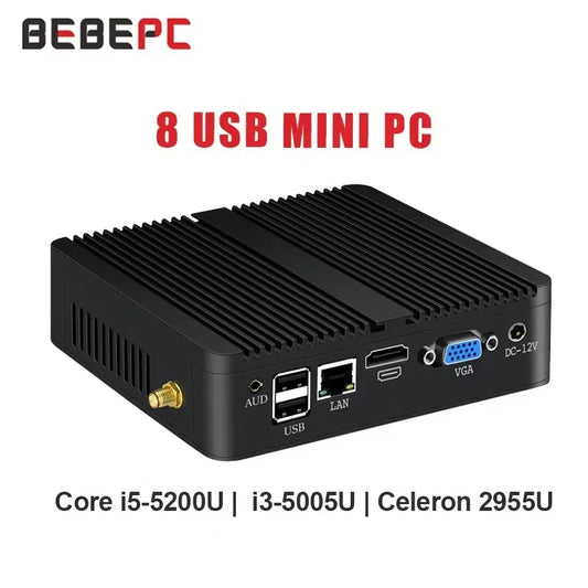 BEBEPC Fanless Mini PC – Intel i7/i5/i3, 8USB, HDMI+VGA, Win10/11 & Linux