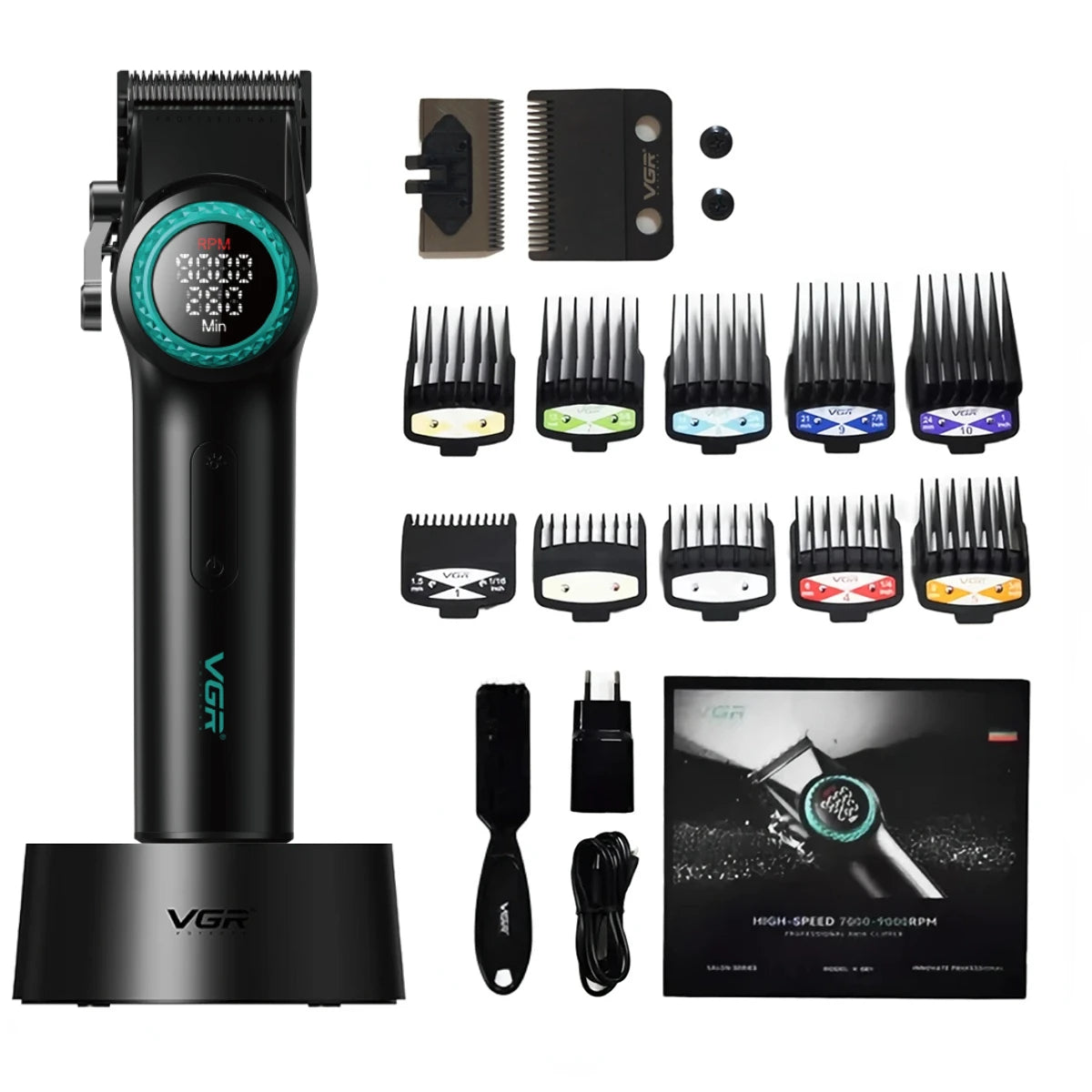 VGR V-001 Professional Hair Clipper – 9000RPM, 21-Speed, DLC Blades, 300min, USB