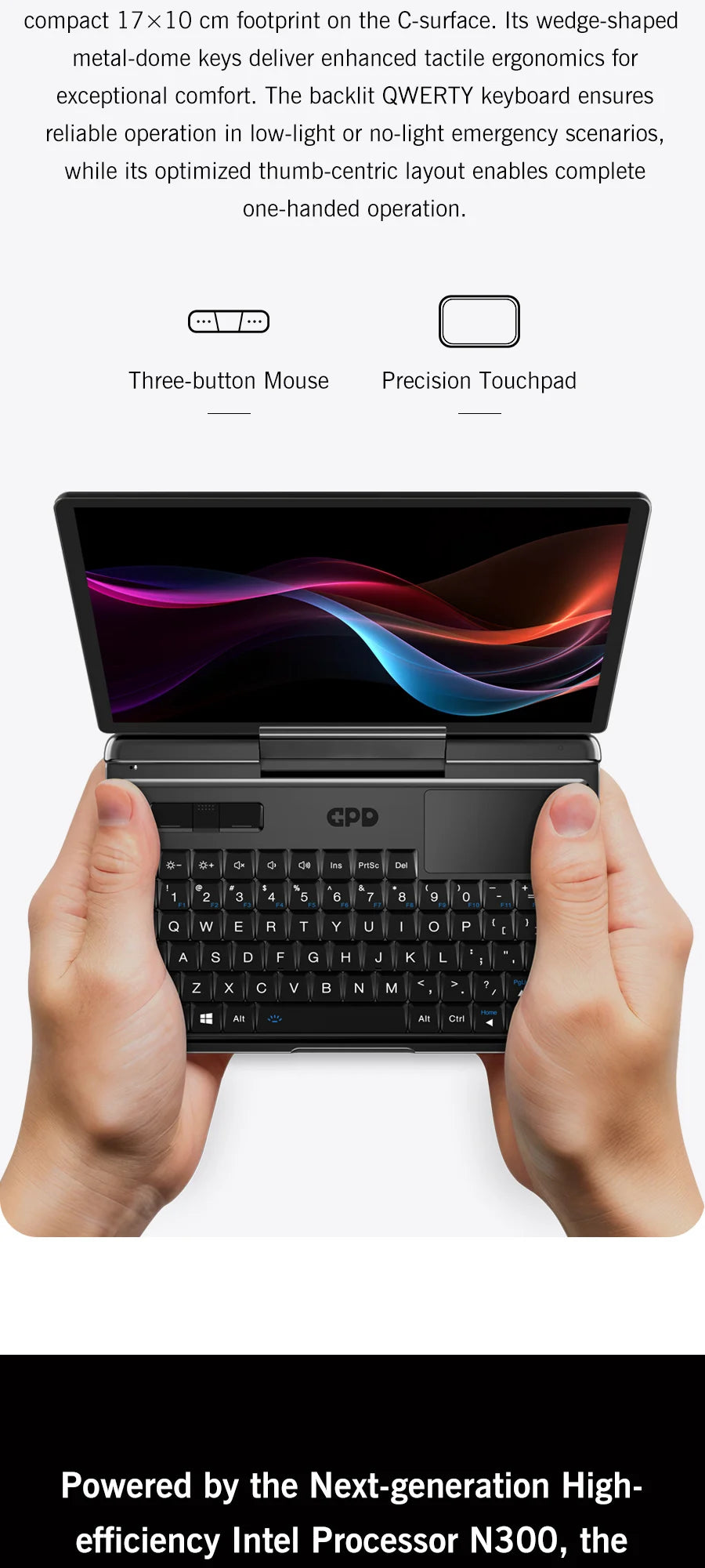 GPD MicroPC 2 – 7" Mini Laptop, Intel i3-N300, 16GB DDR5, 512GB SSD, Touch Screen, Windows 11