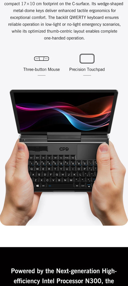 GPD MicroPC 2 – 7" Mini Laptop, Intel i3-N300, 16GB DDR5, 512GB SSD, Touch Screen, Windows 11
