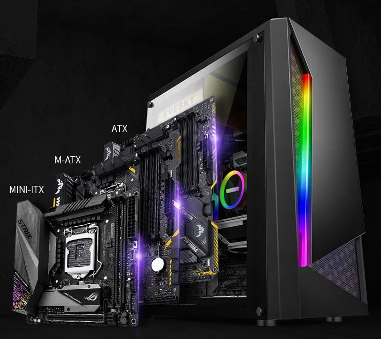 Aotesier Budget Gaming Desktop PC with AMD A8-7680, 8GB RAM, 120GB SSD, Windows 10 Pro, black tower computer.