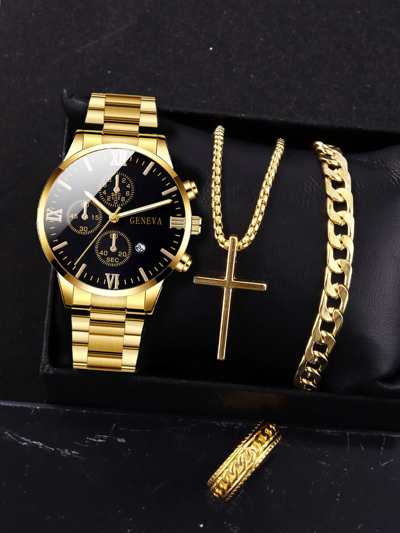 Four-piece men's gold jewelry and watch gift set by R.E.D. Shopping, including Roman quartz watch, necklace, bracelet, and ring.