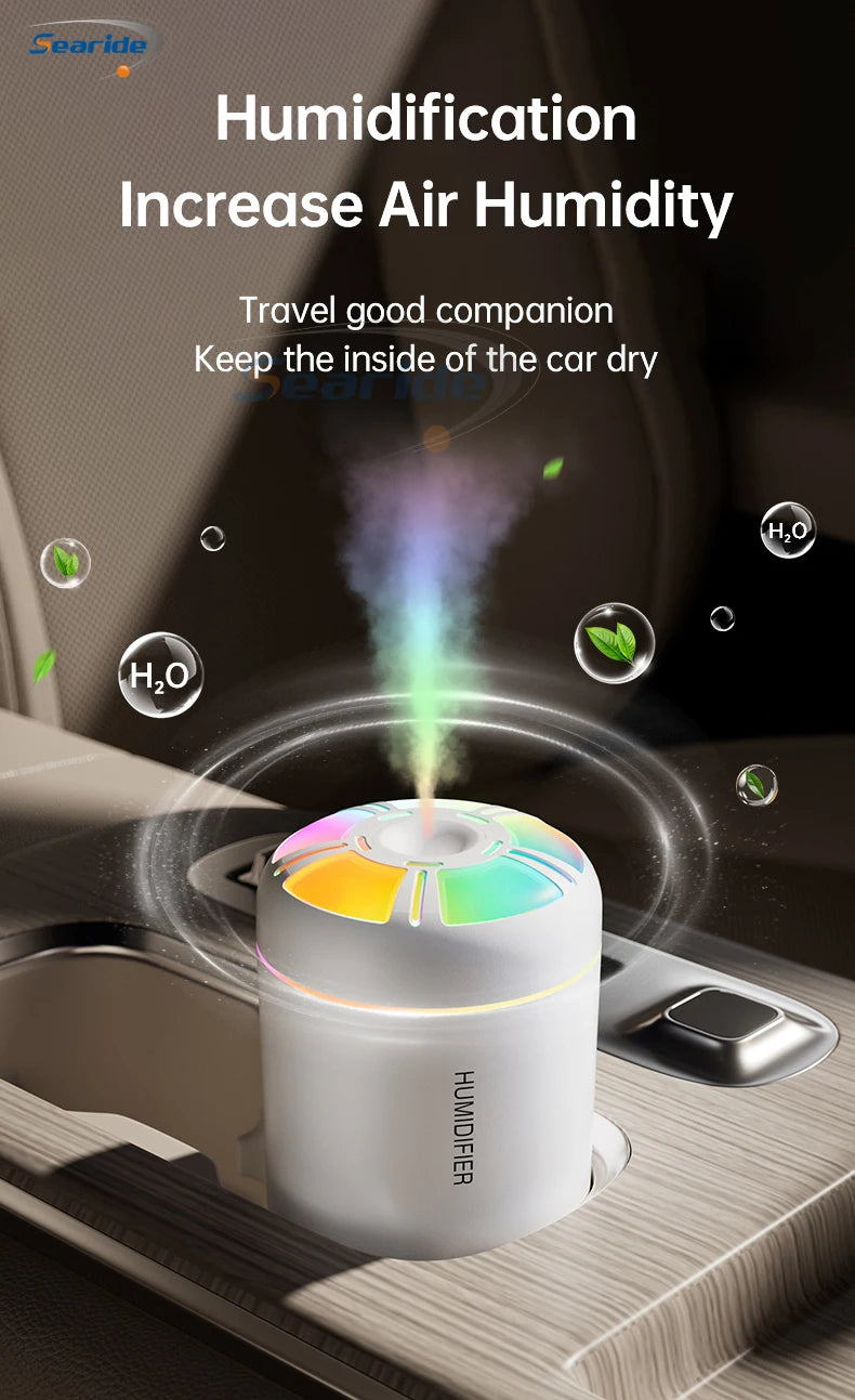 Searide Mini USB Humidifier – 180ml Ultrasonic Aroma Diffuser, Color LED, Touch Control, for Car, Home & Bedroom