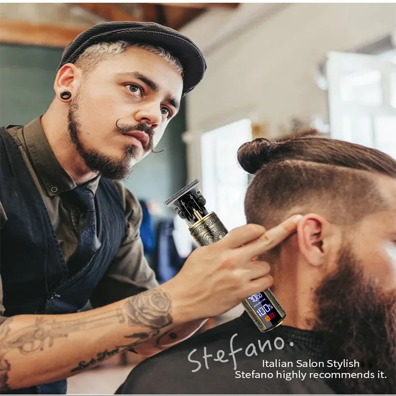 R.E.D. Shopping T9 Professional Hair Clipper with USB fast charging, beard and body trimmer, black and silver design, close-up image