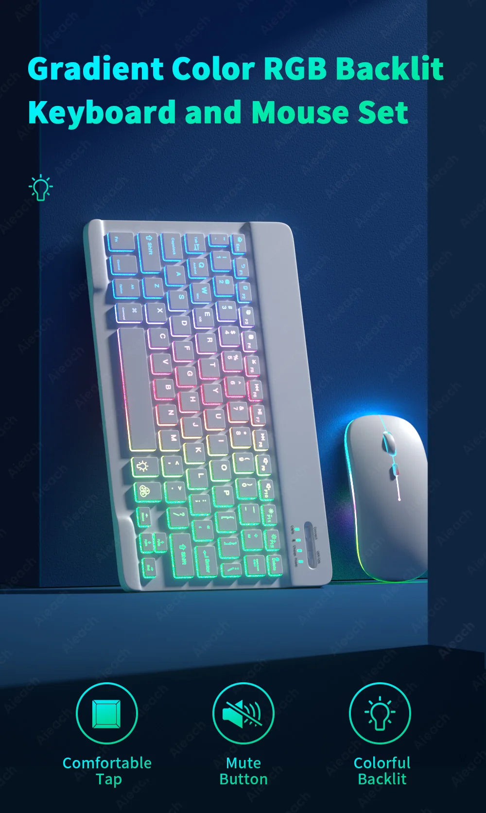 Wireless Bluetooth Keyboard with Rainbow Backlit – Tablet, iPad, Phone, Android, iOS, Windows