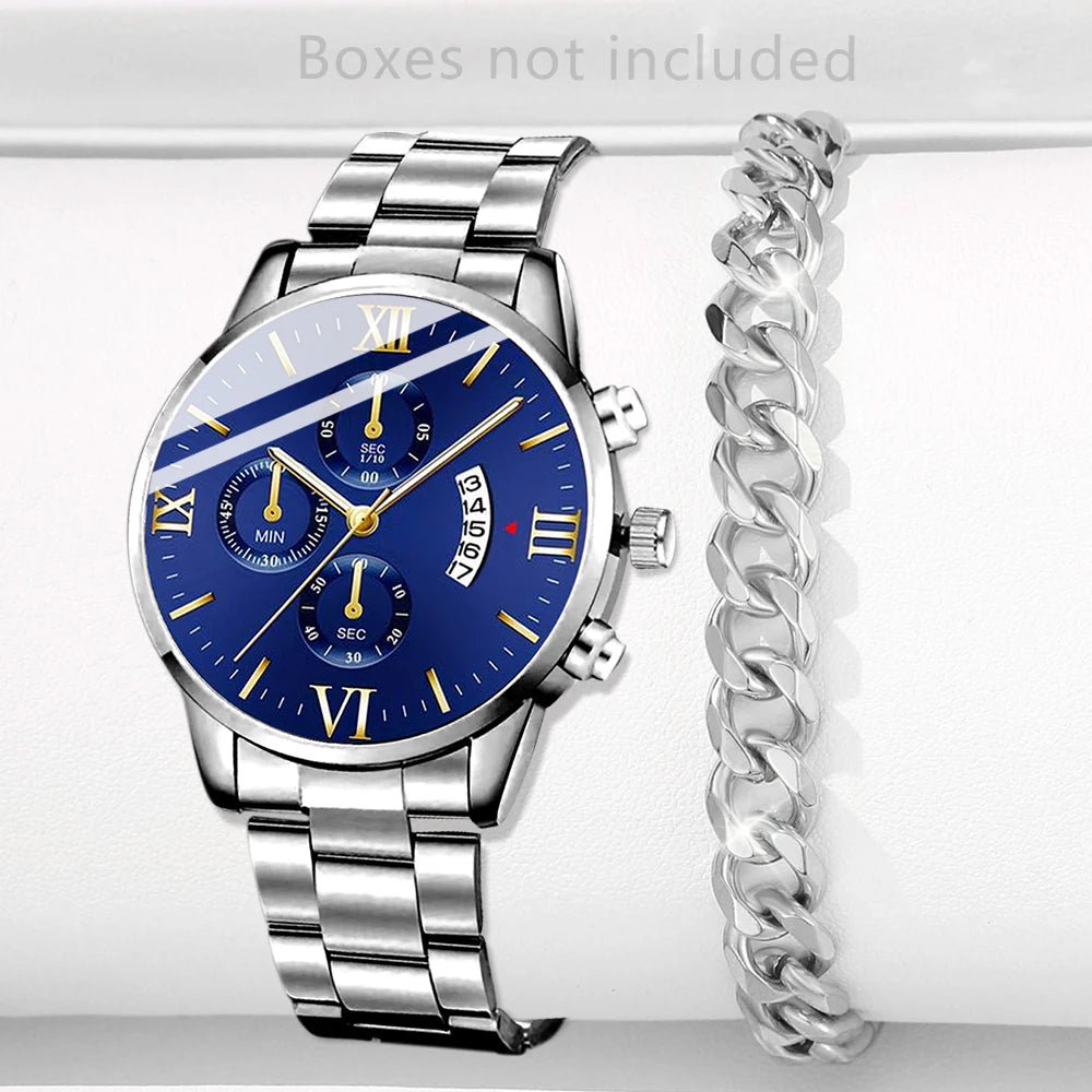 Men’s luxury stainless steel quartz watch with calendar feature, business style wristwatch by R.E.D. Shopping.