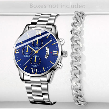 Men’s luxury stainless steel quartz watch with calendar feature, business style wristwatch by R.E.D. Shopping.