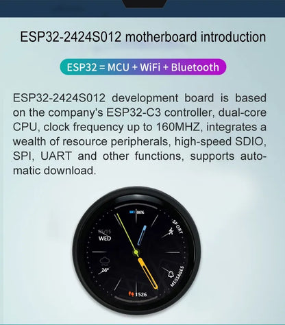 ESP32-C3 WiFi and Bluetooth development board with a 1.28-inch round LCD display, featuring microcontroller and connectivity ports.