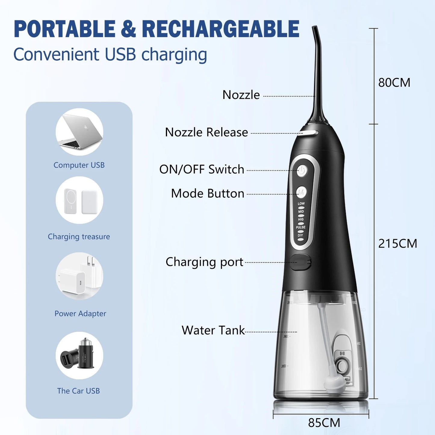 Oral Irrigator USB Rechargeable Water Flosser 300ml – Portable Dental Water Jet for Teeth & Oral Care