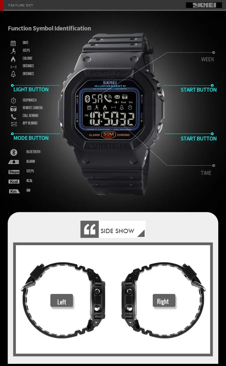 SKMEI 1629 Bluetooth Sport Digital Watch – Pedometer, Calorie Tracker for iPhone, Huawei, Xiaomi