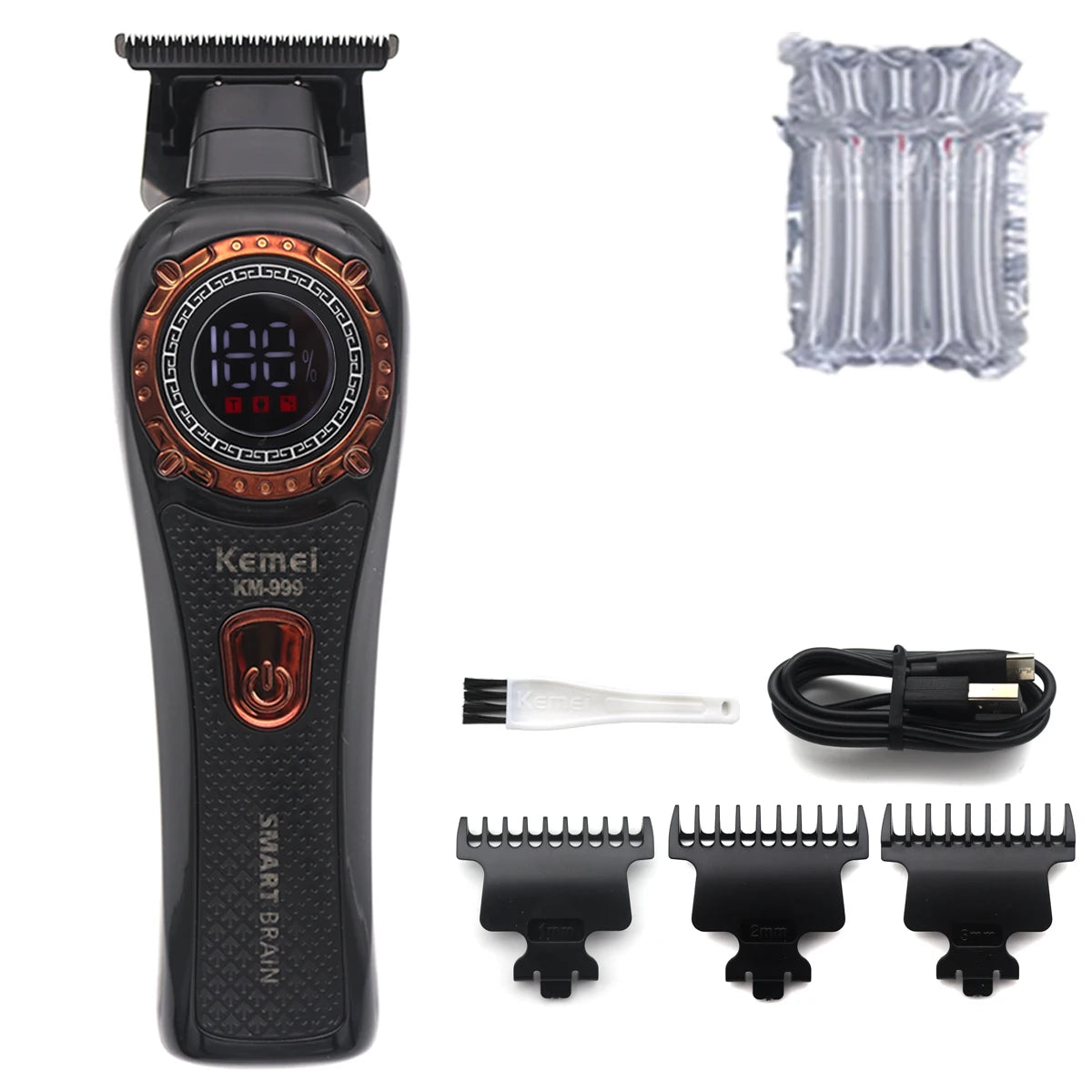 Kemei KM-999 Professional Hair Trimmer – DLC T-Blade, Zero Gap, LED Display, Cordless USB Clipper