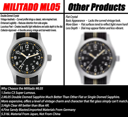 Militado ML05 Vintage Field Watch – 38mm, VH31 Sweep, Sapphire AR Crystal, Luminous