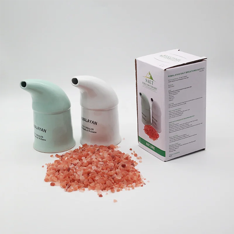 Ceramic Himalayan salt inhaler by R.E.D. Shopping for natural respiratory health therapy, featuring a white ceramic device with salt chamber