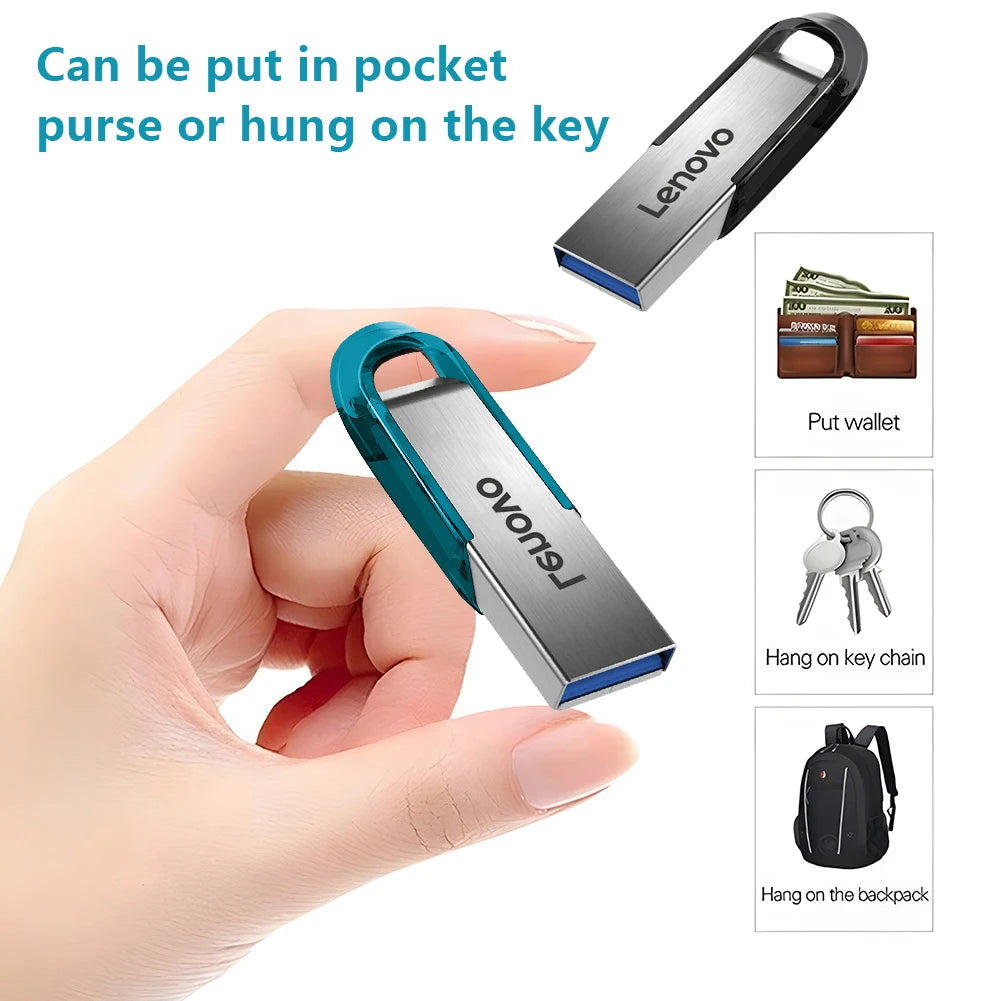 Lenovo high-speed USB 3.0 flash drive with up to 2TB capacity, waterproof metal design, suitable for computer data storage.