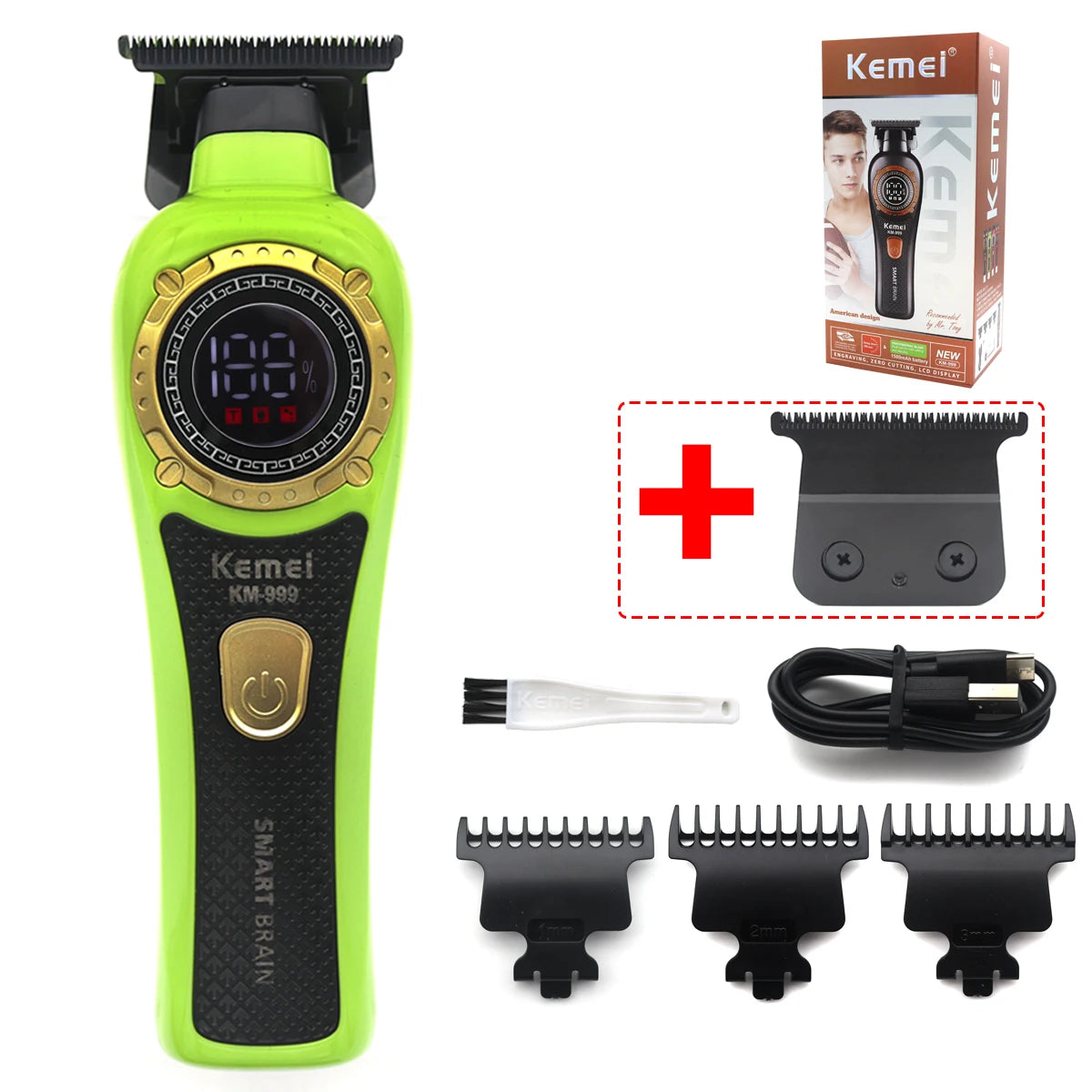 Kemei KM-999 Professional Hair Trimmer – DLC T-Blade, Zero Gap, LED Display, Cordless USB Clipper