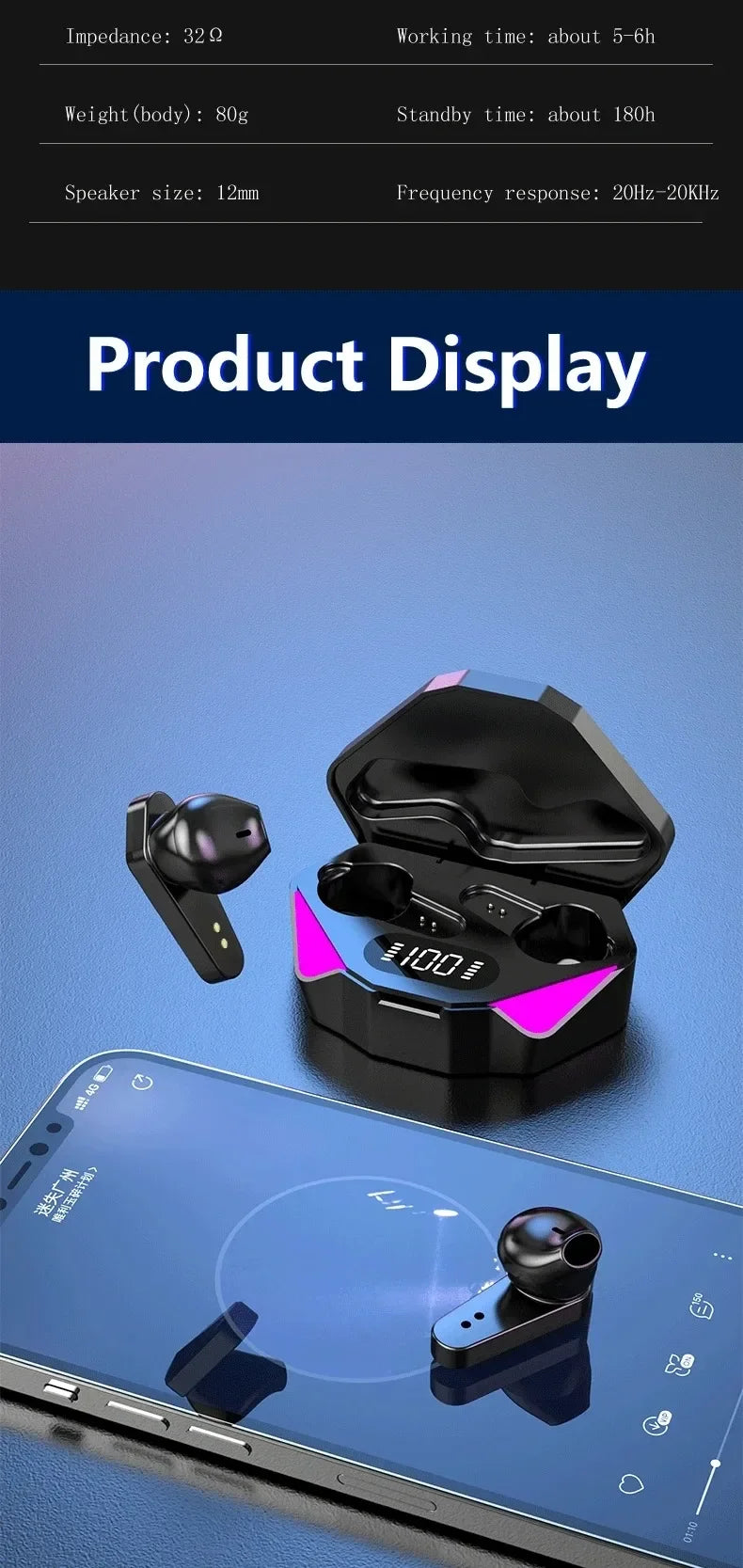 R.E.D. Shopping TWS wireless Bluetooth gaming earbuds with LED display, mic, noise canceling, and sleek earphone design.