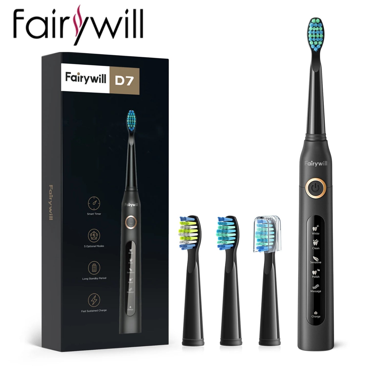Fairywill FW-507 Electric Sonic Toothbrush – USB Rechargeable, Waterproof, Replacement Heads
