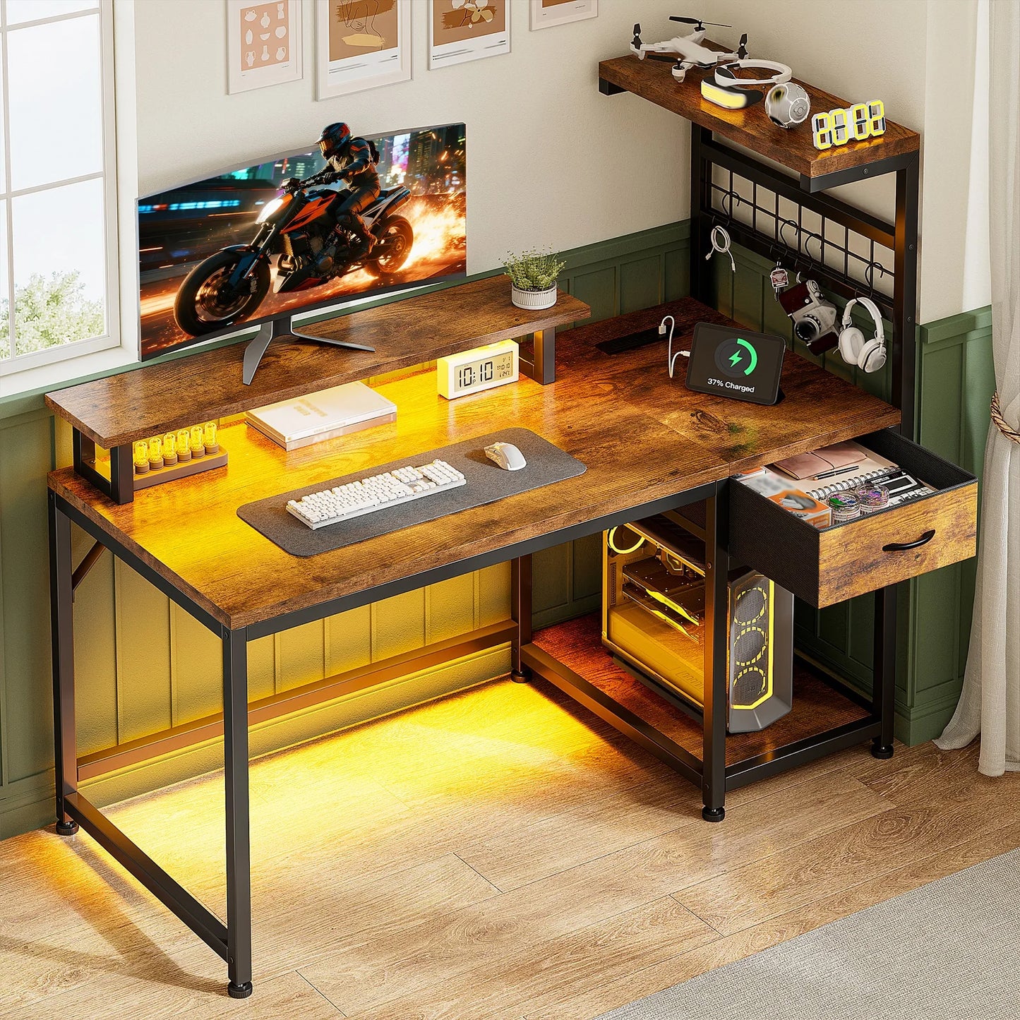 EnHomee 40" Gaming Desk with Power Outlets & RGB LED – Drawer, Storage Shelves & Monitor Stand